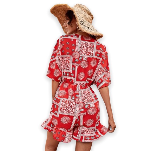 New Boho Red & White Scarf Print Batwing Sleeve Knot Front Ruffle Hem Romper - Picture 9 of 12